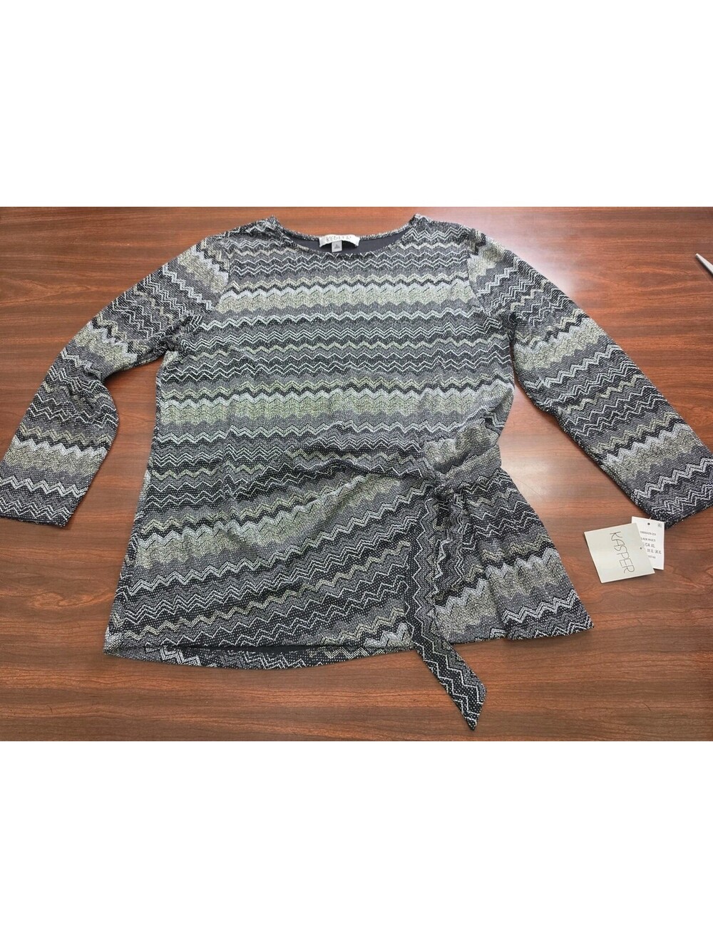 NWT Kasper Size XL Black Multi Metallic Chevron Long Sleeve Side Tie Glam Top